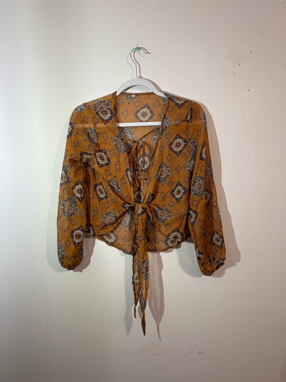 boho-style‎ chiffon blouse women’s tie-front closure geometric pattern small